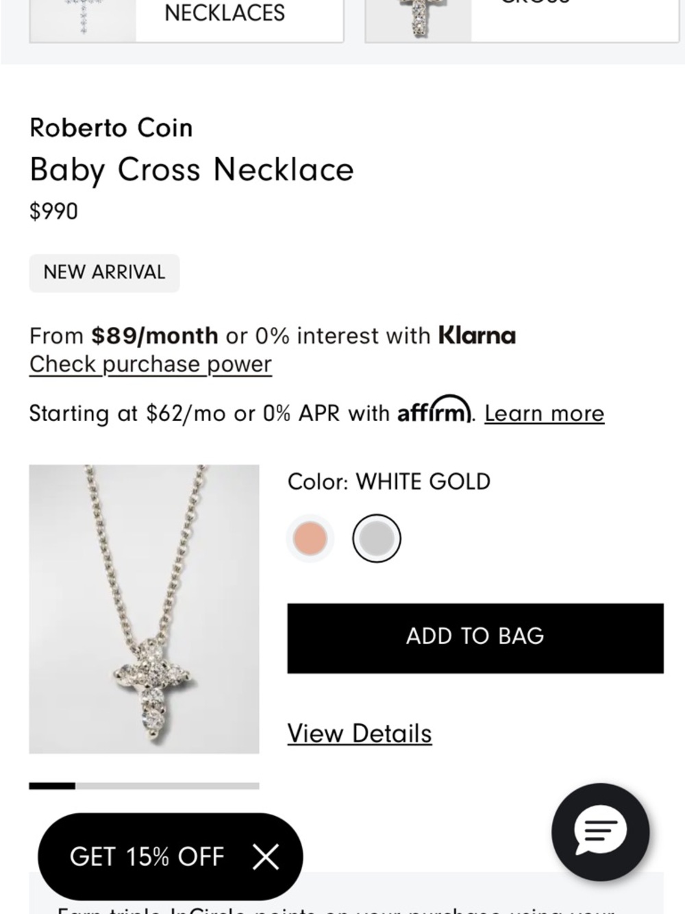 Roberto Coin White Gold “Baby Cross” Necklace - Excellent Condition